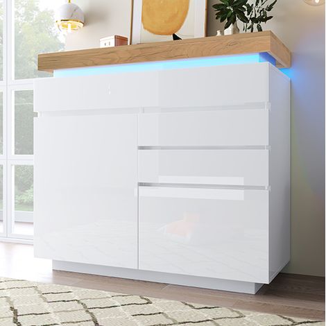 Credenza bianca lucida LED da soggiorno con 3 cassetti e 2 ante, mobile contenitore per soggiorno e camera da letto, 115x110x39 cm (1/5)