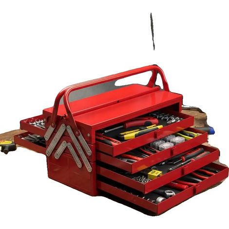 Caja de herramientas, diseño de 3 niveles, construcción de metal resistente, color verde militar. (1/2)