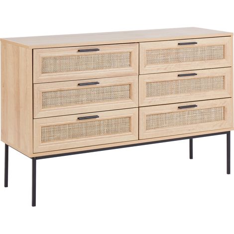 Cómoda con 6 cajones frente de ratán tablero de partículas patas de metal estilo boho sala de estar madera clara Pasco