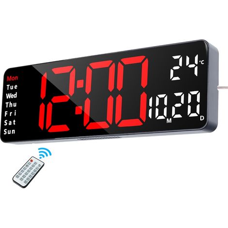 Horloge Numérique Murale LED, Digitale Grande Affichage 32cm avec Télécommande, Température, Date, Jour, 2 Alarmes, 12/24H, Luminosité Réglable Pendule Murale pour Salon Cuisine Bureau, Rouge