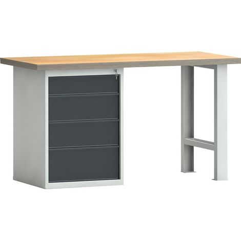 Banco da lavoro PW 700 l.1500xP700xH840 mm faggio Multiplex grigio chiaro, RAL 7035 grigio antracite, RAL 7016 4 cassetti