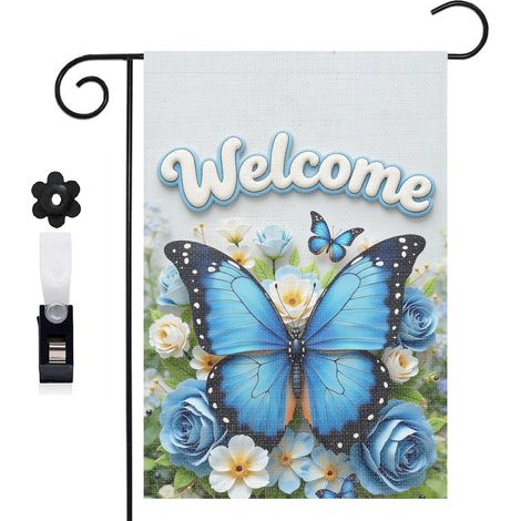 Drapeau de jardin papillon bleu et roses bleues Welcome 30 x 45 cm décoration extérieure jardin (1/5)