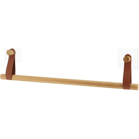 Porte-serviettes 1 barre en Bambou avec lanières Marron caramel en simili cuir sur sticker - TENDANCE (1/3)