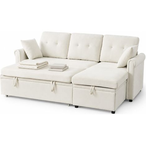 Divano letto angolare con contenitore in chenille beige, reversibile, 206 x 130 x 85 cm (1/5)