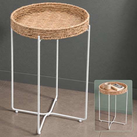 Mai & Mai Étagère de Sol Pliable Table d’Appoint Ronde de Rangement en Acier au Carbone Plateau en Corde de Papier Petite Table Basse Blanc 37×55 cm Reglo-08 (1/5)