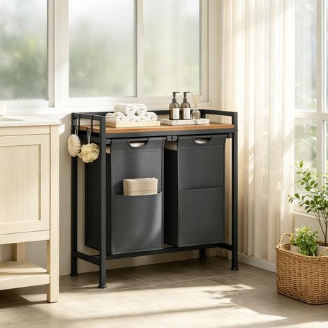 Tri de linge 2 bacs 40L avec plan de travail 15 kg, 2 crochets, pour buanderie, salle de bain, chambre & dressing (1/5)
