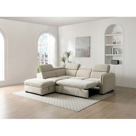 Canapé d'angle gauche convertible et pouf en tissu beige BALOTIA (1/4)