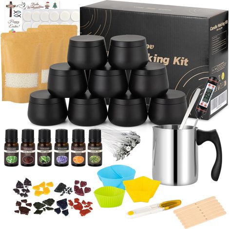 Kit de Fabrication de Bougies Coffret Bougies Parfumées Cadeau DIY Kit Bougies à Faire Soi Même avec 8 Boîtes de Bougie noir, Cire de Soja de 500g, 6 Huiles Parfumées et Thermomètre (1/5)