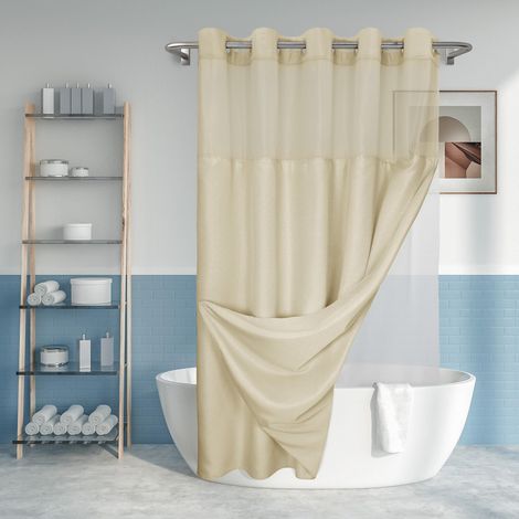 Rideau de douche beige texturé sans crochet avec doublure en PEVA à boutons-pression – Rideau de douche de style hôtel avec fenêtre transparente – Lavable en machine et hydrofuge – Lin – 180 x 188 cm (1/5)