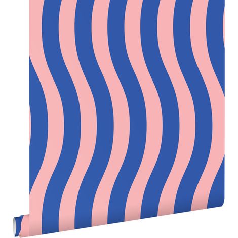 papier peint rayures ondulées bleu et rose  - ESTAhome