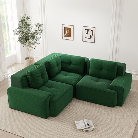 Divano modulare angolare in velluto a coste verde, senza montaggio, seduta profonda, OKWISH (1/5)