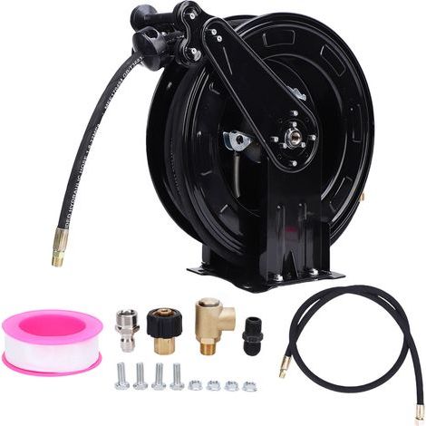 High Pressure Washer Hose Reel, 2 Arms, 3/8" x 15m, Retractable, Self-Rewinding, Steel with 15m/1.5m Cable, 4000PSI for Air, Oil, Water (1/5)