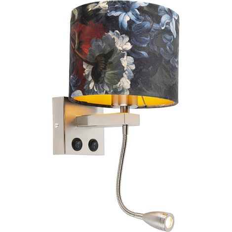 QAZQA Wandleuchte Stahl mit Veloursschirm Blumen mit Gold -