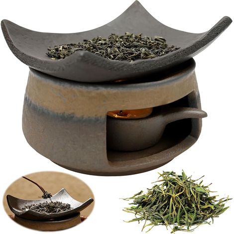 Ensemble brûle-parfum en céramique pour bougies chauffe-plat — Diffuseur 2-en-1 pour galets de cire parfumée et huiles essentielles (support à bougie inclus) design artisanal (1/5)