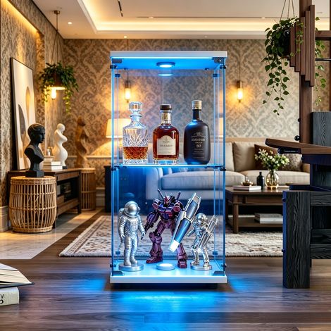 JOOKGBD-Vitrine en Verre LED,Vitrine pour Collection,casiers,Armoire Vitrine Pour Collection avec 1 Porte 2 étagères,verre trempé,Effet miroir,Meuble VITRINES Verre,Blanc (1/5)