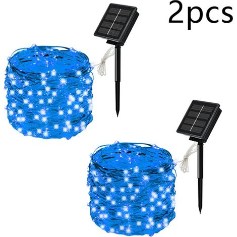 (Lot de 2 guirlandes lumineuses LED solaires bleues de 7 m, 50 LED) - Lumière féérique LED scintillante et étanche pour jardin, terrasse, sapin de Noël ou fête. (1/5)