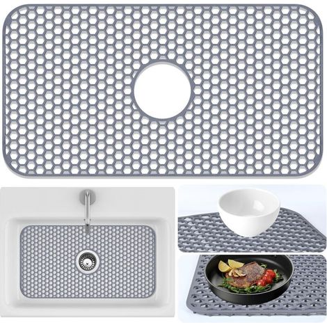 Tapis de protection pour évier de cuisine - 66,5 cm x 35,5 cm, pour évier et vaisselle en acier inoxydable, tapis de protection en caoutchouc avec évacuation centrale (gris) (1/4)