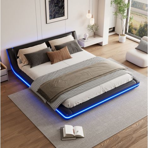 Bett Doppelbett Bettgestell LED 160x200 PU Schwarz OKMYHOME (1/5)