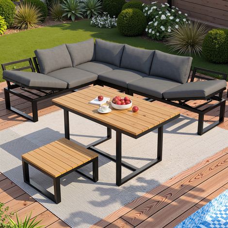 Ensemble de salon de jardin 6 pièces sans accoudoirs, avec dossier réglable, canapé d'angle avec table et table basse, structure en acier résistant aux intempéries, coussins d'assise gris, salon d'ext (1/5)
