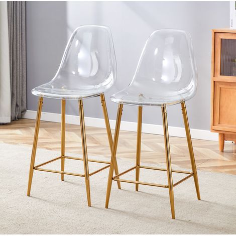Silla de bar en plástico y metal, con respaldo y reposapiés, estilo moderno, dorado (1/5)