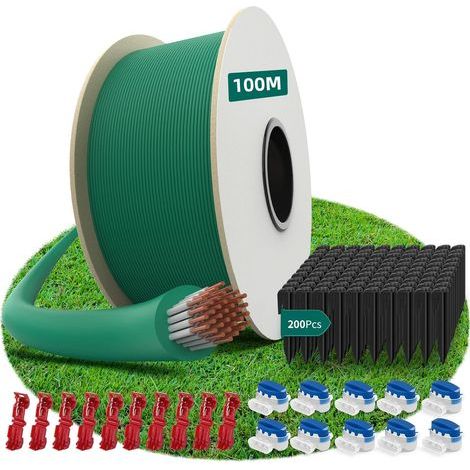 HAUSPROFI Cable Robot Tondeuse 100M + 200 Piquets + 10 Connecteurs de Câble + 10 Bornes de Connexion, Fil robot tondeuse, Câble pour robots tondeuses de Worx,Gardena,Bosch,Yard Force etc (1/5)