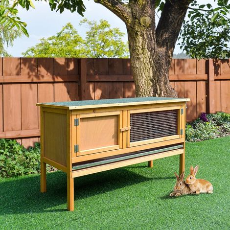 Animalerie pour lapins en bois avec toit inclinable, 2 portes, bac étanche, 115x44,3x65 cm Jaune clair (1/5)