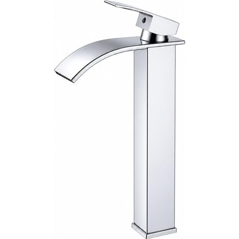 Robinet de lavabo bec cascade - Mitigeur laiton chromé - Hauteur 30 cm, sortie large anti-éclaboussures - Salle de bain-1/2 (1/5)