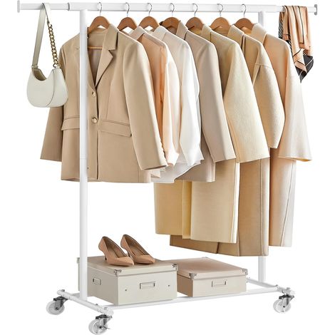 Portant à Vêtements avec Roulettes, Tringle Extensible pour Charge Lourde, Porte-manteau, Capacité de Charge 100 kg, 45 x (92-132) x 161,5 cm, Montage Facile, Blanc HSR013W01 (1/5)