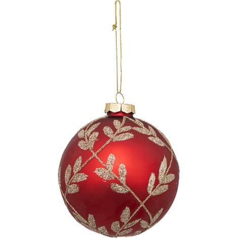 Déco Sapin Boule de Noël en Verre D 9 cm rouge décor feuille dorée pailletée - Feeric Christmas