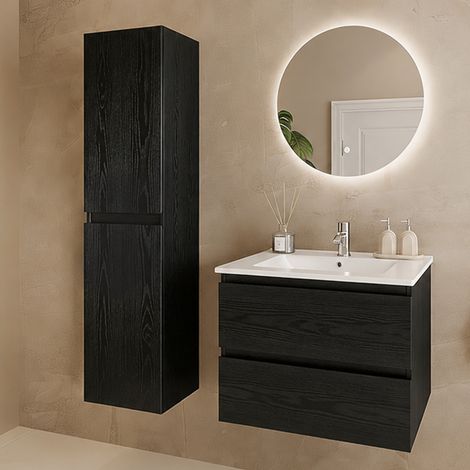 Meuble + colonne Verona 60cm chêne noir vasque blanche LOMAZOO (1/5)