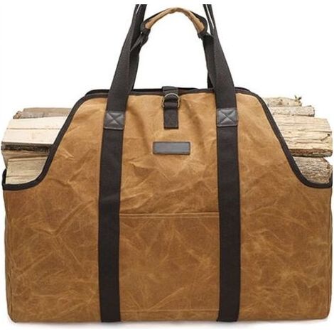 Sac pour Bois de cheminée, Panier en Bois, Sac de Transport pour Bois de Chauffage, Porte-Bois de cheminée, Toile cirée, imperméable, Extra Large, pour Bois de Chauffage, Marron (1/4)