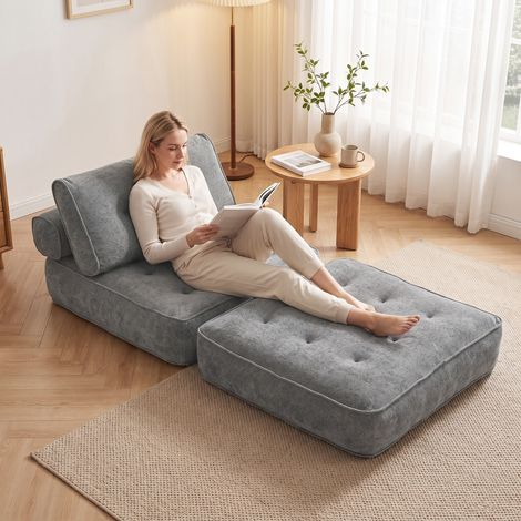 Fauteuil Convertible 1 Place 95 x 220 cm avec 2 Oreillers, Siège Épais, Fauteuil-Lit Chauffeuse 3 en 1, Gris Clair (1/5)
