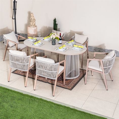 Abrihome 6-Seater Oval Garden Dining Set - 180cm Sintered Stone Table + 6 Twist Rattan Chairs with Removable 5cm Olefin Cushions, Light Grey
