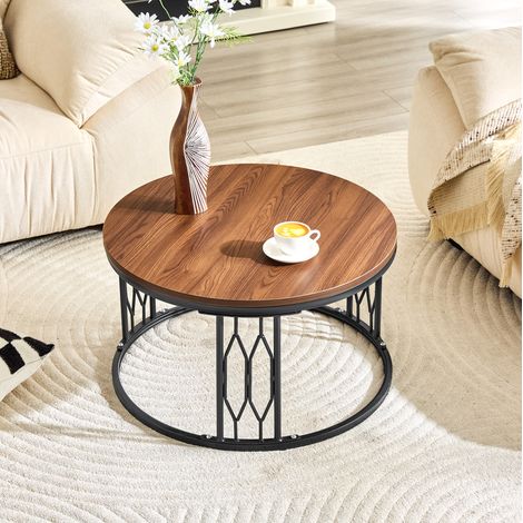 Table basse ronde 70x70x40,5 cm noyer, plateau aspect bois et structure métal, MEUBLIV (1/5)