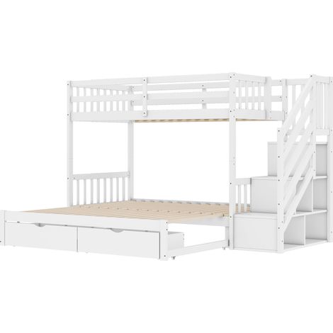 Litera 90 x 200 cm de pino y MDF blanco con cama nido, 2 cajones y escalera con almacenaje (1/5)