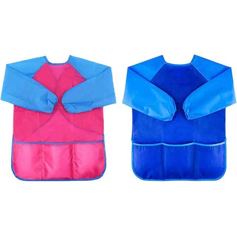 2 tabliers imperméables pour enfants, manches longues 54 cm, 3 poches velcro, polyester, idéal peinture bricolage cuisine école (1/5)