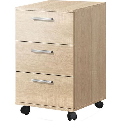 Caisson commode à 3 tiroirs avec roulettes coloris chêne - Longueur 42 x Hauteur 68 x Profondeur 35 cm (1/3)