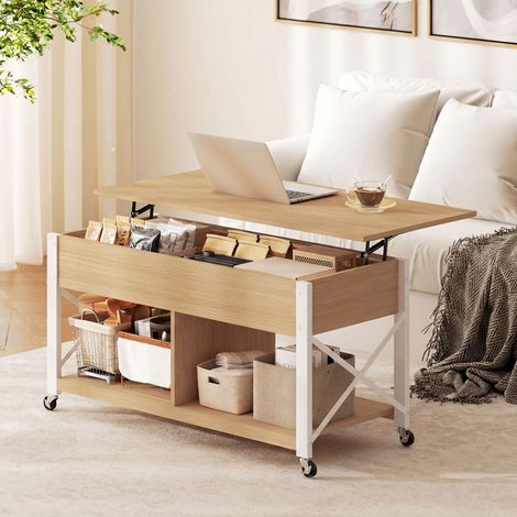Mesa de Centro Elevable con Ruedas Mesa de Salón con Compartimento Oculto Estantes Abiertos Madera Natural y Blanco (1/5)