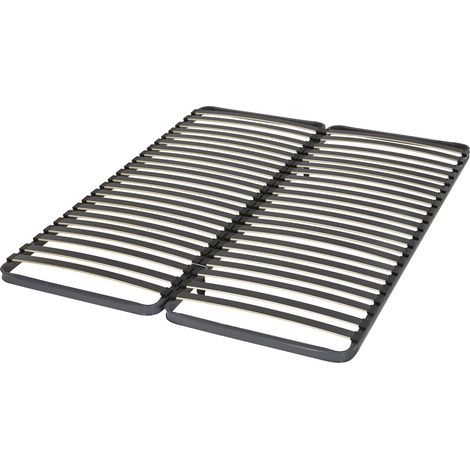 Cadre à lattes 2x70x190 cm – Suspension 2x22 lattes en bois – Cadre métal époxy gris foncé – 2 pieds centraux réglables
