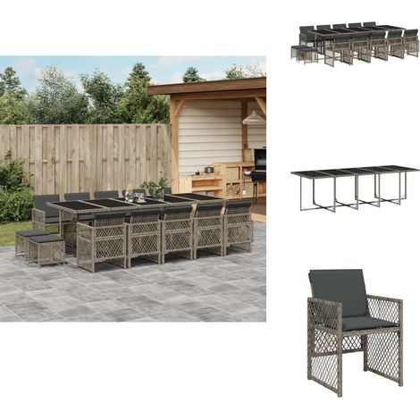 The Living Store 15-tlg. Garten-Essgruppe mit Kissen Grau Poly Rattan - Gartenessgruppe (1/5)