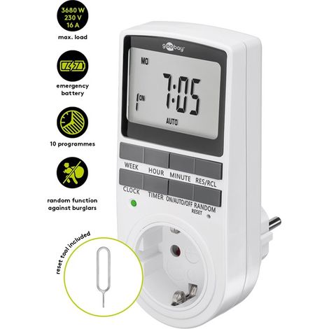 goobay - Temporizador Enchufe Digital - 10 programas Diarios - Toma de Corriente Temporizador Modo Aleatorio antirrobo -Incl. batería Reserva 100 días - 3680 W a 230 V (AC) y 16 A - 64900