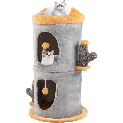 COSTWAY Casa per Gatti a 2 Piani, Albero per Gatti con 2 Comode Casette, 2 Palline Pendenti in Peluche, Piattaforma Imbottita in Peluche, Mobile Grotta per Gatti, Nascondiglio a Forma di Barile (1/5)
