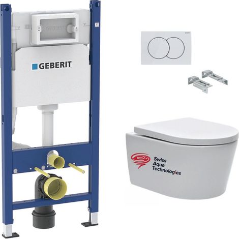 Geberit Pack WC Vorwandelement 112cm + Swiss Aqua Technologies Toilettenschüssel spülrandlos + Weiße Platte (SATrimlessGeb3-DE)