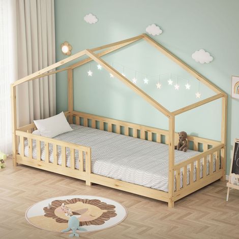 ML-Design Lit Cabane d'Enfant 90x200 cm Naturel en Pin Massif avec Protection Antichute, Toit et Sommier à Lattes, Style Maison, Couchage au Sol Montessori Cadre pour Fille Garçon Chambre à Coucher (1/5)