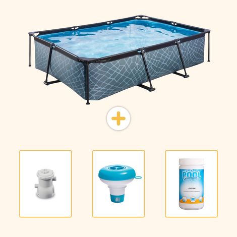 Exit Toys – Piscine hors sol rectangulaire effet pierre 300x200x65 cm – Cadre en acier thermolaqué – Pompe filtration 1136L/h incluse – 4 accessoires (1/5)