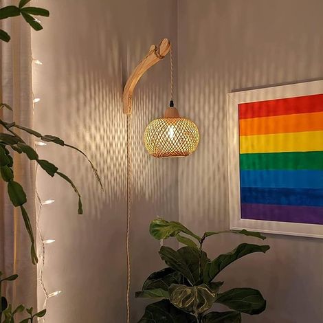 Applique Murale Intérieur Bois Vintage Lampe Murale avec Prise et Interrupteur, E27 Rétro Lanterne en Bambou, Lampe de Chevet en Rotin Pour Chambre Salon (Sans Ampoule) (1/5)