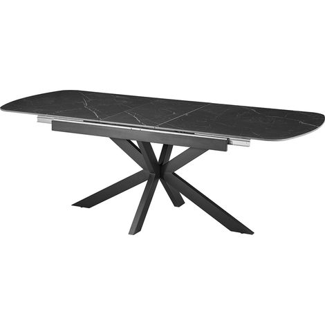 HESTIA - Table extensible rectangulaire en pierre frittée noir pieds en métal noir 180-220 cm