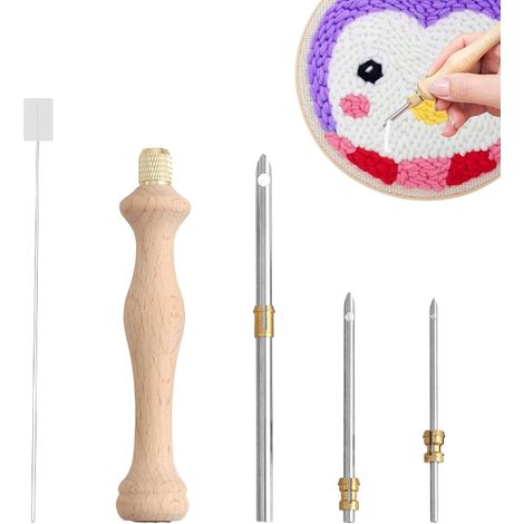 5 Pièces Kit D'aiguilles À Poinçonner, Aiguille De Poinçon À Manche En Bois - 2.5mm, 3.5mm, 5mm Ajustables Punch Needle, Aiguille Punch Needle Pour Le Tricot De Bricolage,La Broderie Et Couture (1/5)