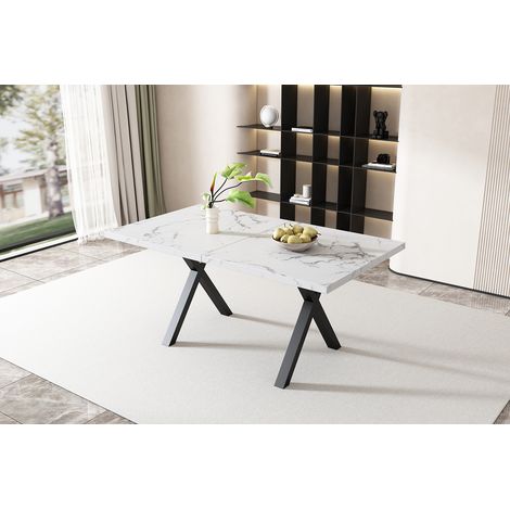 Table à manger rectangulaire pieds croisés, convertible en table basse moderne. Design épuré, finition marbre blanc et noir. Dimensions : 140 x 80 x 76 cm. (1/5)