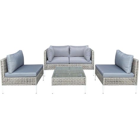 Salon de Jardin 5 Pièces, Canapé en Osier avec Coussins d'Assise et de Dossier, Table Basse en Verre Trempé pour Jardin, Piscine et Porche, Gris